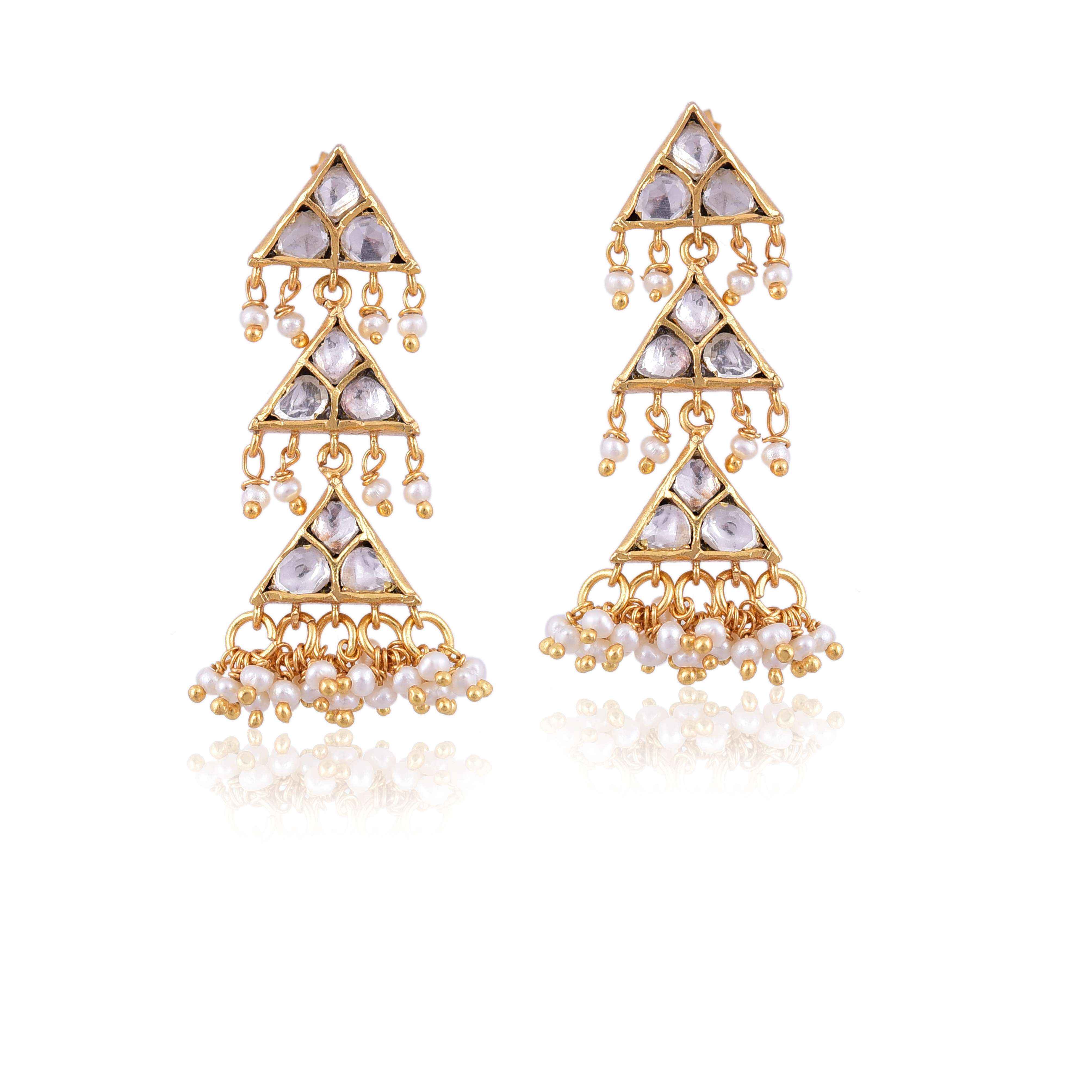 Ethnic Gold Plated Triangle 925 Silver Dangler Earrings :SKU5754